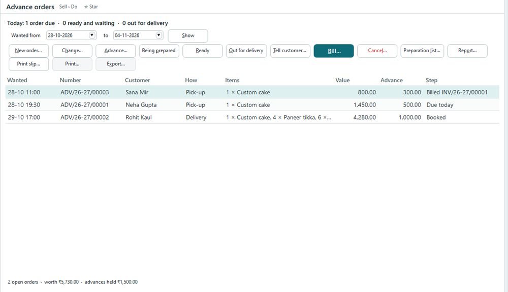 Advance orders screen listing cake orders from booked to billed, with advances paid