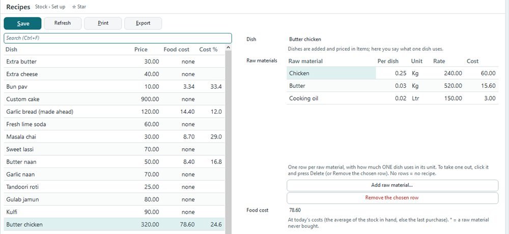 Recipes screen: Butter chicken uses chicken, butter and cooking oil, food cost 78.60 or 24.6 percent